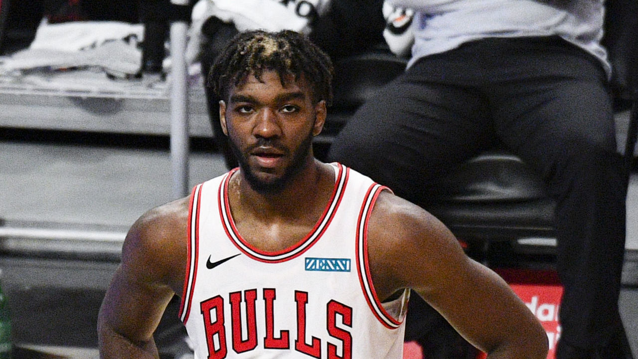 LOS ANGELES, CA - JANUARY 10: Chicago Bulls Forward Patrick Williams (9) looks on during a NBA game between the Chicago Bulls and the Los Angeles Clippers on January 10, 2021 at STAPLES Center in Los Angeles, CA.The game was played without fans due to the COVID-19 pandemic.