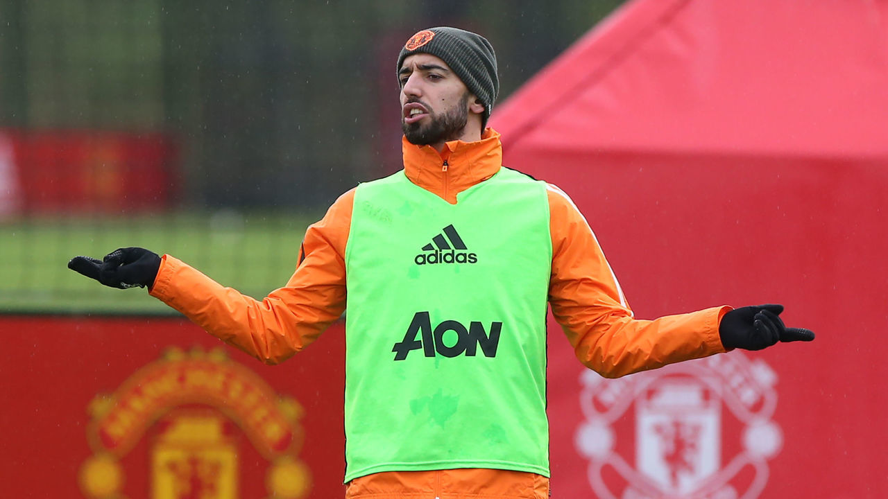 MANCHESTER, ENGLAND - JANUARY 14: Bruno Fernandes of Manchester United reacts during a first team training session at Aon Training Complex on January 14, 2021 in Manchester, England.