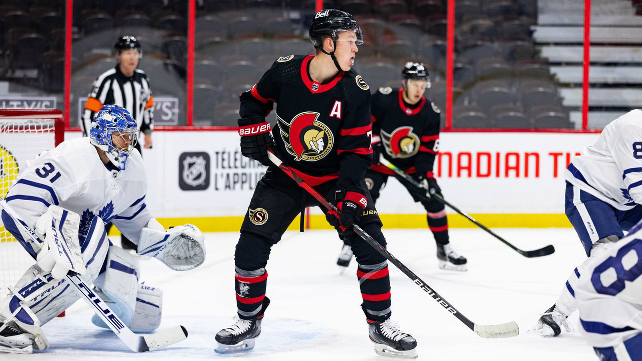 OTTAWA, ON - JANUARY 15: Ottawa Senators Left Wing Brady Tkachuk (7) sets up in front of Toronto Maple Leafs Goalie Frederik Andersen (31) during first period National Hockey League action between the Toronto Maple Leafs and Ottawa Senators on January 15, 2021, at Canadian Tire Centre in Ottawa, ON, Canada.