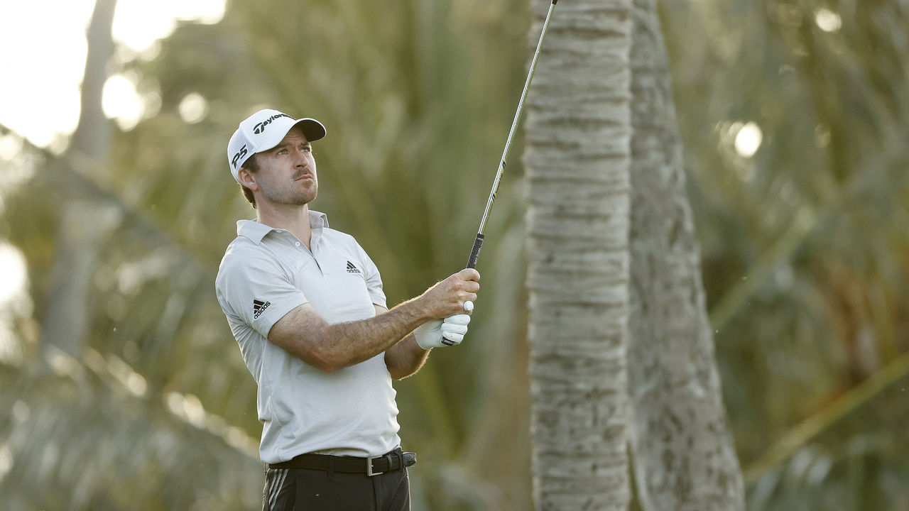 HONOLULU, HAWAII - JANUARY 15: Nick Taylor of Canada watches his shot from the seventh tee during the second round of the Sony Open in Hawaii at the Waialae Country Club on January 15, 2021 in Honolulu, Hawaii.