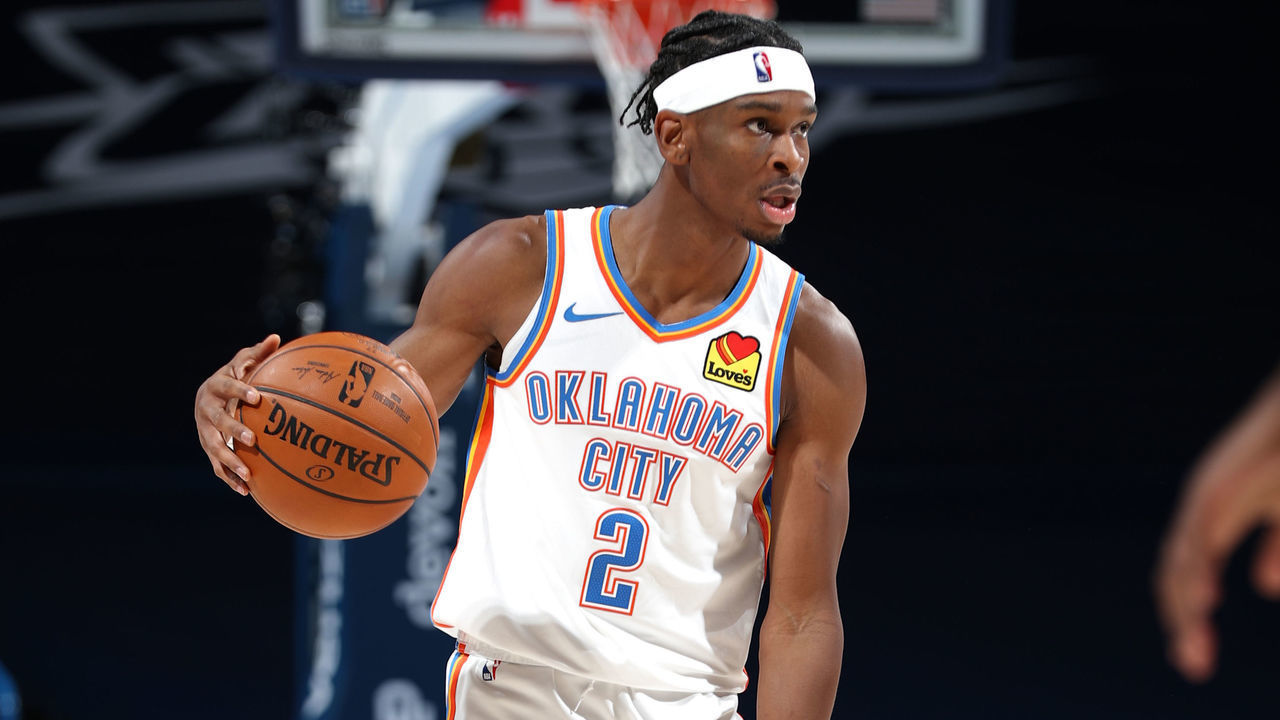 OKLAHOMA CITY, OK - JANUARY 15: Shai Gilgeous-Alexander #2 of the Oklahoma City Thunder handles the ball during the game against the Chicago Bulls on January 15, 2021 at Chesapeake Energy Arena in Oklahoma City, Oklahoma. Mandatory Copyright Notice: Copyright 2021 NBAE