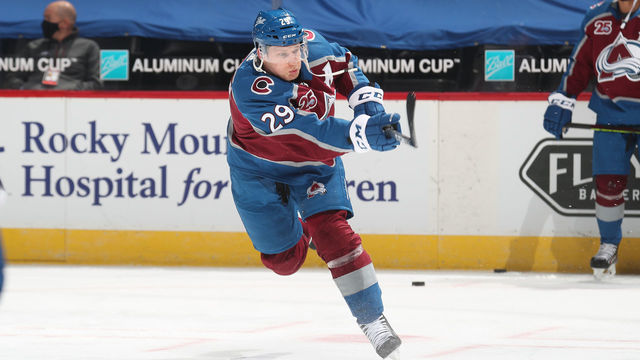 DENVER, COLORADO - JANUARY 15: Nathan Mackinnon #29 of the Colorado Avalanche skates prior to the game against the St Louis Blues at Ball Arena on January 15, 2021 in Denver, Colorado.