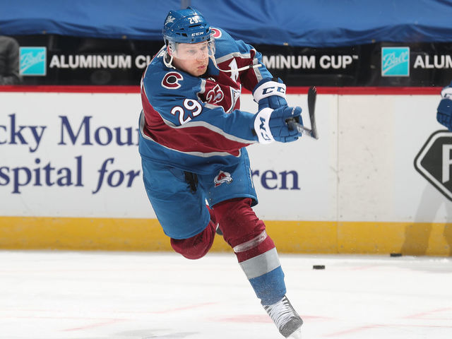 DENVER, COLORADO - JANUARY 15: Nathan Mackinnon #29 of the Colorado Avalanche skates prior to the game against the St Louis Blues at Ball Arena on January 15, 2021 in Denver, Colorado.