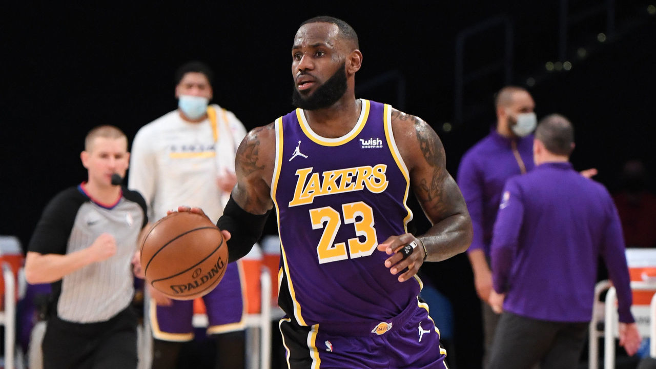 LOS ANGELES, CA - JANUARY 15: LeBron James #23 of the Los Angeles Lakers dribbles the ball during the game against the New Orleans Pelicans on January 15, 2021 at STAPLES Center in Los Angeles, California. NOTE TO USER: User expressly acknowledges and agrees that, by downloading and/or using this Photograph, user is consenting to the terms and conditions of the Getty Images License Agreement. Mandatory Copyright Notice: Copyright 2021 NBAE