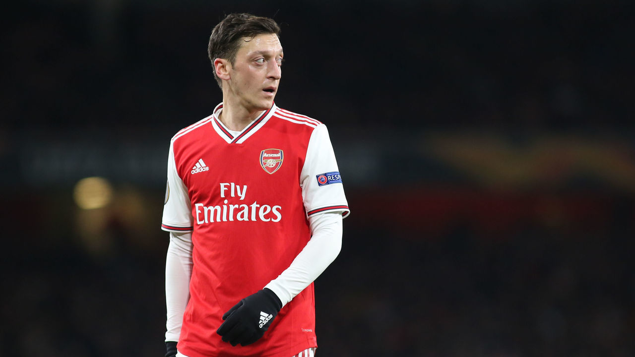 Mesut Ozil (Arsenal) gestures during the 2019/20 UEFA Europa League 1/32 playoff finale game between Arsenal FC (England) and Olympiakos FC (Greece) at Emirates Stadium, in London, United Kingdom, on February 27, 2020.