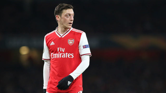 Mesut Ozil (Arsenal) gestures during the 2019/20 UEFA Europa League 1/32 playoff finale game between Arsenal FC (England) and Olympiakos FC (Greece) at Emirates Stadium, in London, United Kingdom, on February 27, 2020.