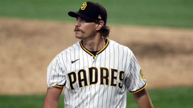 ARLINGTON, TEXAS - OCTOBER 08: Garrett Richards #43 of the San Diego Padres reacts during the eighth inning against the Los Angeles Dodgers in Game Three of the National League Division Series at Globe Life Field on October 08, 2020 in Arlington, Texas.