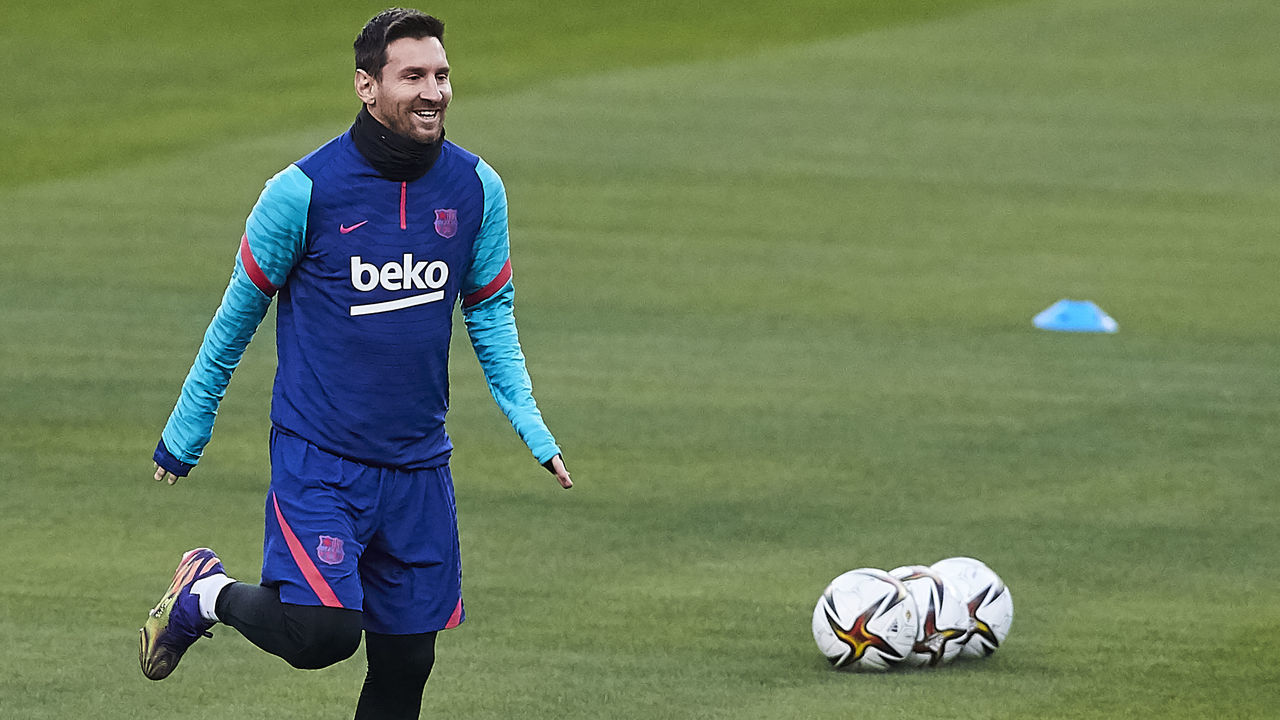 SEVILLE, SPAIN - JANUARY 16: Lionel Messi of FC Barcelona in action during the training session ahead of the Supercopa de Espana Final match against Athletic Club at Estadio de La Cartuja on January 16, 2021 in Seville, Spain.