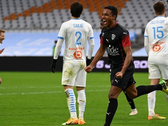 Nimes' French midfielder Niclas Eliasson celebrates his first goal during the French L1 football match between Olympique de Marseille (OM) and Nimes Olympique (NO) at the Velodrome Stadium in Marseille, southeastern France, on January 16, 2021.