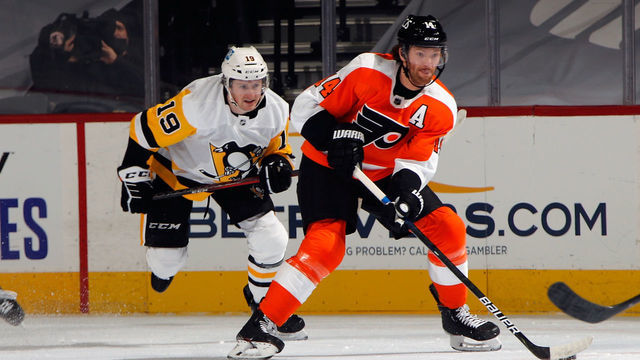 PHILADELPHIA, PENNSYLVANIA - JANUARY 13: Sean Couturier #14 of the Philadelphia Flyers skates against the Pittsburgh Penguins at the Wells Fargo Center on January 13, 2021 in Philadelphia, Pennsylvania.