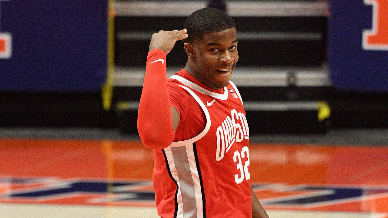 CHAMPAIGN, IL - JANUARY 16: Ohio State Buckeyes forward E.J. Liddell (32) reacts after making a three point shot during the Big Ten Conference college basketball game between the Ohio State Buckeyes and the Illinois Fighting Illini on January 16, 2021, at the State Farm Center in Champaign, Illinois.