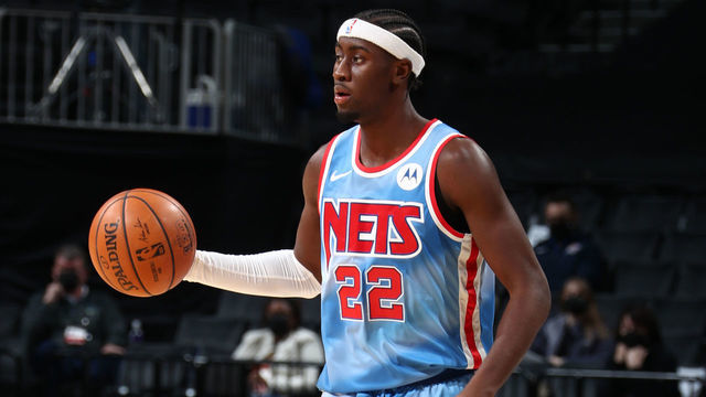 BROOKLYN, NY - JANUARY 10: Caris LeVert #22 of the Brooklyn Nets handles the ball during the game against the Oklahoma City Thunder on January 10, 2021 at Barclays Center in Brooklyn, New York. Mandatory Copyright Notice: Copyright 2021 NBAE