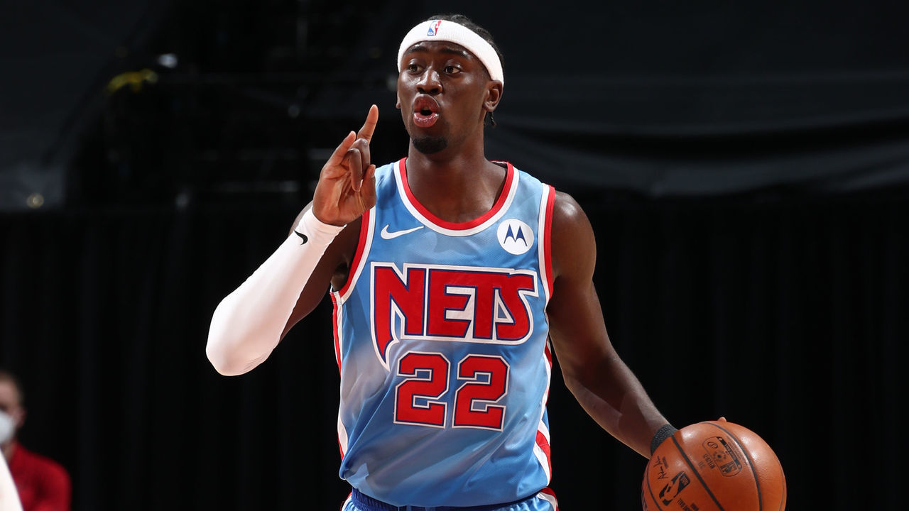 BROOKLYN, NY - JANUARY 12: Caris LeVert #22 of the Brooklyn Nets handles the ball during the game against the Denver Nuggets on January 12, 2021 at Barclays Center in Brooklyn, New York. Mandatory Copyright Notice: Copyright 2021 NBAE