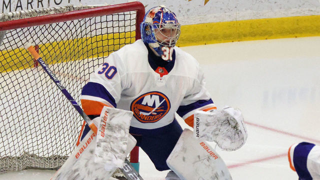 EAST MEADOW, NEW YORK - JANUARY 10: Ilya Sorokin #30 of the New York Islanders takes part in a scrimmage at Northwell Health Ice Center at Eisenhower Park on January 10, 2021 in East Meadow, New York.