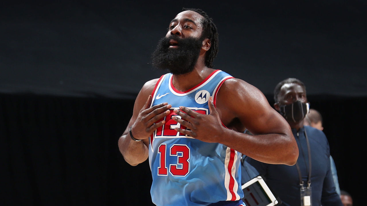 BROOKLYN, NY - JANUARY 16: James Harden #13 of the Brooklyn Nets smiles during the game against the Orlando Magic on January 16, 2021 at Barclays Center in Brooklyn, New York. Mandatory Copyright Notice: Copyright 2021 NBAE