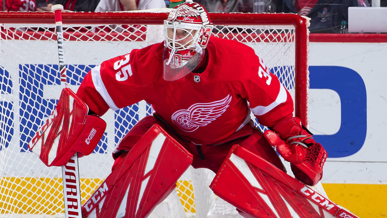 DETROIT, MI - JANUARY 12: Jimmy Howard #35 of the Detroit Red Wings makes a save against the Buffalo Sabres during an NHL game at Little Caesars Arena on January 12, 2020 in Detroit, Michigan. Buffalo defeated Detroit 5-1.