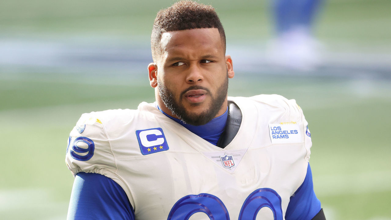 SEATTLE, WASHINGTON - JANUARY 09: Aaron Donald #99 of the Los Angeles Rams looks on the NFC Wild Card Playoff game against the Seattle Seahawks at Lumen Field on January 09, 2021 in Seattle, Washington.