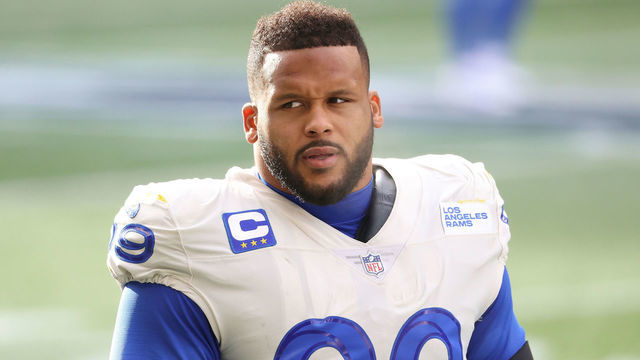 SEATTLE, WASHINGTON - JANUARY 09: Aaron Donald #99 of the Los Angeles Rams looks on the NFC Wild Card Playoff game against the Seattle Seahawks at Lumen Field on January 09, 2021 in Seattle, Washington.