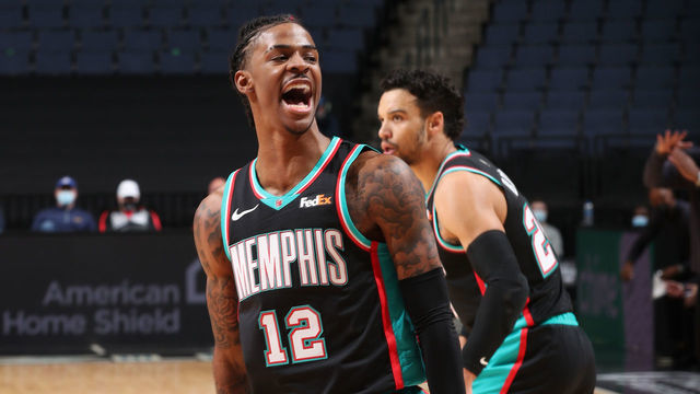 MEMPHIS, TN - JANUARY 16: Ja Morant #12 of the Memphis Grizzlies reacts to a play during the game against the Philadelphia 76ers on January 16, 2021 at FedExForum in Memphis, Tennessee. Mandatory Copyright Notice: Copyright 2021 NBAE