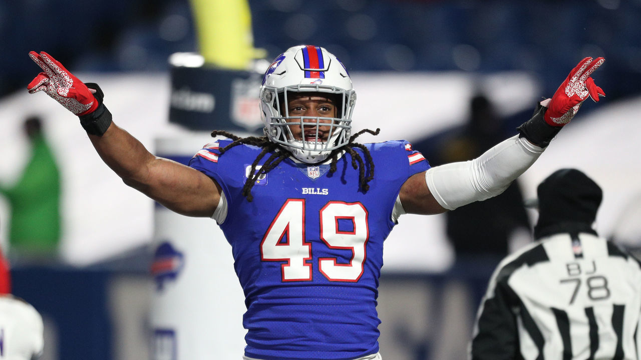 ORCHARD PARK, NEW YORK - JANUARY 16: Tremaine Edmunds #49 of the Buffalo Bills reacts in the fourth quarter after a play against the Baltimore Ravens during the AFC Divisional Playoff game at Bills Stadium on January 16, 2021 in Orchard Park, New York.