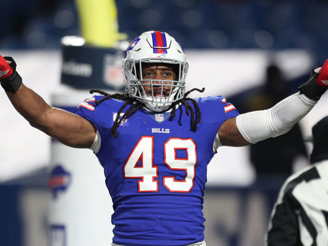 ORCHARD PARK, NEW YORK - JANUARY 16: Tremaine Edmunds #49 of the Buffalo Bills reacts in the fourth quarter after a play against the Baltimore Ravens during the AFC Divisional Playoff game at Bills Stadium on January 16, 2021 in Orchard Park, New York.