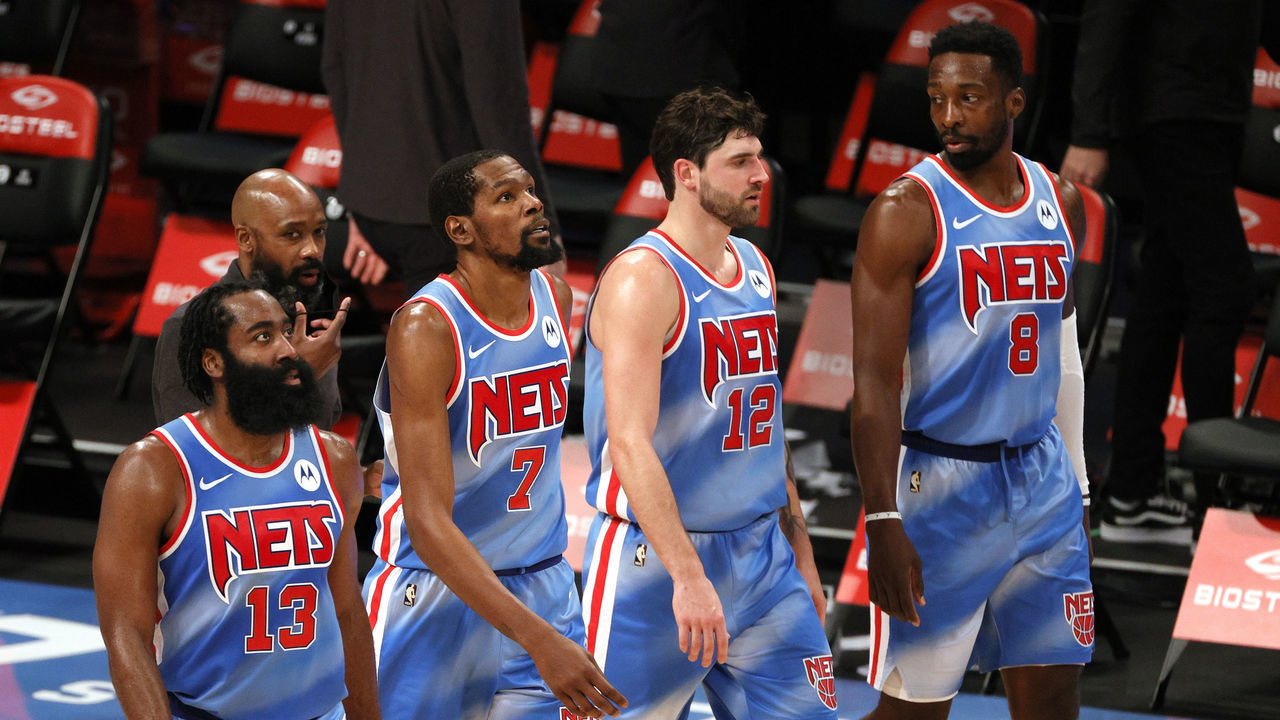 NEW YORK, NEW YORK - JANUARY 16: James Harden #13, Kevin Durant #7, Joe Harris #12, and Jeff Green #8 of the Brooklyn Nets walk onto the court during the second half against the Orlando Magic at Barclays Center on January 16, 2021 in the Brooklyn borough of New York City. The Nets won 122-115.
