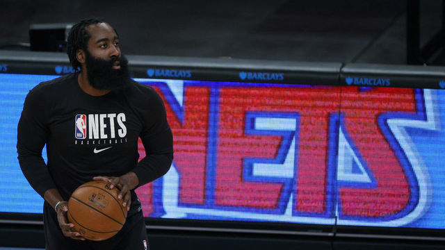 NEW YORK, NEW YORK - JANUARY 16: James Harden #13 of the Brooklyn Nets warms up before the first half against the Orlando Magic at Barclays Center on January 16, 2021 in the Brooklyn borough of New York City. This is his first game with the Brooklyn Nets.