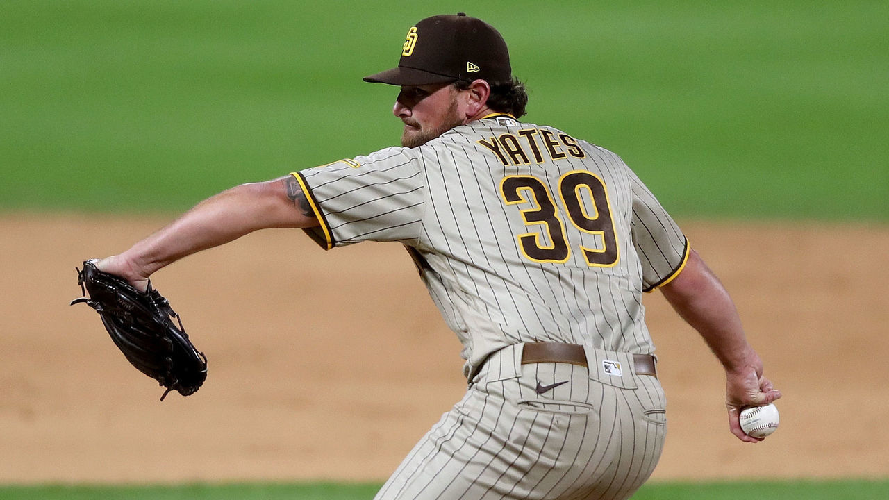 DENVER, COLORADO - JULY 31: Pitcher Kirby Yates #39 of the San Diego Padres throws in the ninth inning against the Colorado Rockies at Coors Field on July 31, 2020 in Denver, Colorado.