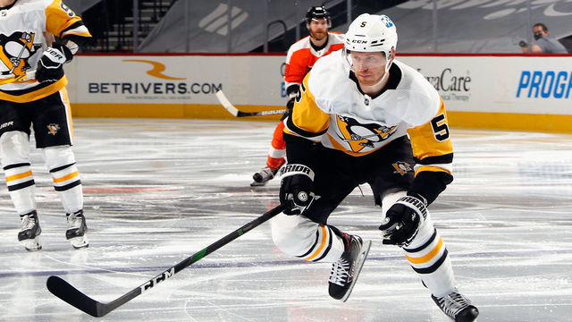 PHILADELPHIA, PENNSYLVANIA - JANUARY 13: Mike Matheson #5 of the Pittsburgh Penguins skates against the Philadelphia Flyers at the Wells Fargo Center on January 13, 2021 in Philadelphia, Pennsylvania.