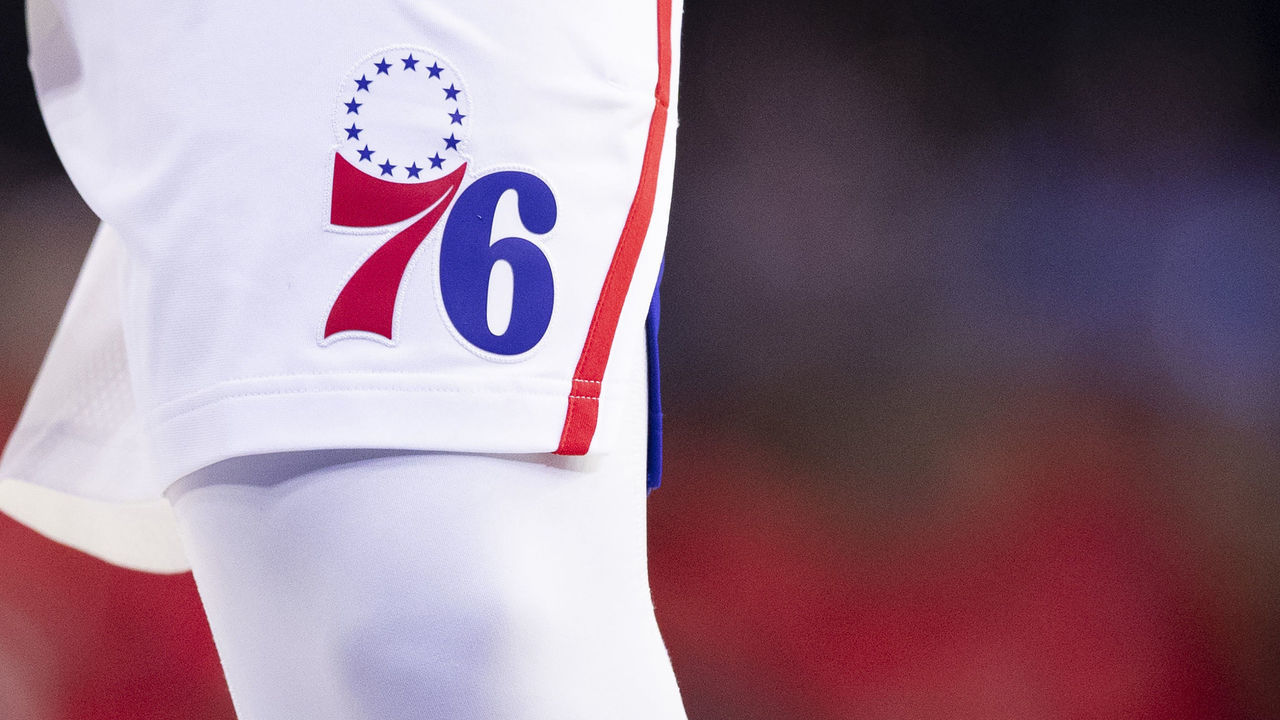 PHILADELPHIA, PA - OCTOBER 18: A general view of the Philadelphia 76ers logo against the Washington Wizards during the preseason game at the Wells Fargo Center on October 18, 2019 in Philadelphia, Pennsylvania.