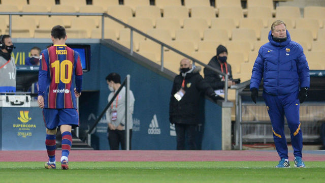 Barcelona's Argentinian forward Lionel Messi leaves the pitch after being presented a red card during the Spanish Super Cup final football match between FC Barcelona and Athletic Club Bilbao at La Cartuja stadium in Seville on January 17, 2021.