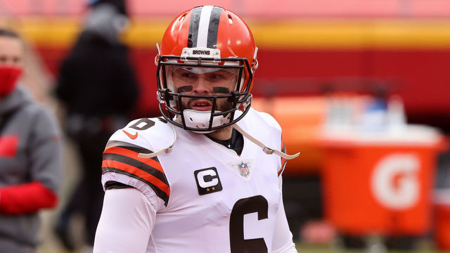 KANSAS CITY, MISSOURI - JANUARY 17: Quarterback Baker Mayfield #6 of the Cleveland Browns warms up prior to the AFC Divisional Playoff game against the Kansas City Chiefs at Arrowhead Stadium on January 17, 2021 in Kansas City, Missouri.