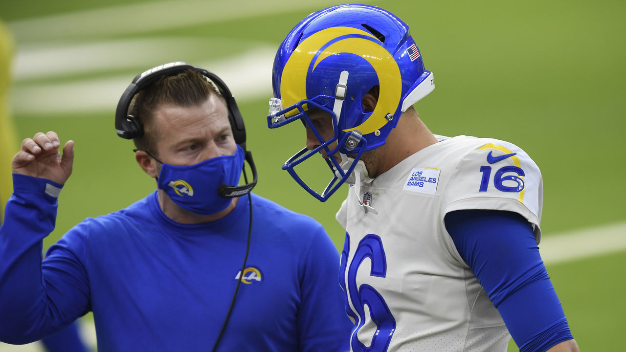INGLEWOOD, CALIFORNIA - DECEMBER 20: Head coach Sean McVay speaks with Jared Goff #16 of the Los Angeles Rams during the first quarter of a game against the New York Jets at SoFi Stadium on December 20, 2020 in Inglewood, California.