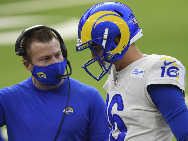 INGLEWOOD, CALIFORNIA - DECEMBER 20: Head coach Sean McVay speaks with Jared Goff #16 of the Los Angeles Rams during the first quarter of a game against the New York Jets at SoFi Stadium on December 20, 2020 in Inglewood, California.