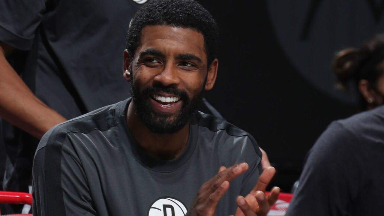 BROOKLYN, NY - JANUARY 5: Kyrie Irving #11 of the Brooklyn Nets smiles during the game against the Utah Jazz on January 5, 2021 at Barclays Center in Brooklyn, New York. Mandatory Copyright Notice: Copyright 2021 NBAE