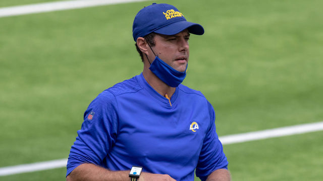 INGLEWOOD, CA - AUGUST 29: Los Angeles Ramsdefebsuve coordinator Brandon Staley during the Los Angeles Rams scrimmage on Aug 29, 2020, at SoFi Stadium in Inglewood, CA.