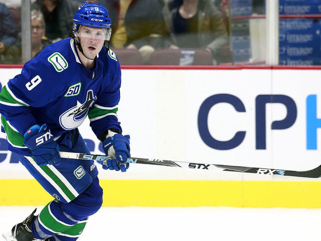 VANCOUVER, BC - MARCH 4: J.T. Miller #9 of the Vancouver Canucks skates up ice during their NHL game against the Arizona Coyotes at Rogers Arena March 4, 2020 in Vancouver, British Columbia, Canada. "n