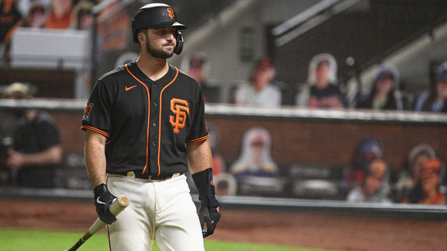 SAN FRANCISCO, CA - SEPTEMBER 25: San Francisco Giants catcher Joey Bart (21) walks back to the dugout after striking out to end a MLB game between the San Diego Padres and the San Francisco Giants on September 26, 2020 at Oracle Park in San Francisco, CA. The 2020 regular season has been shortened to 60 games due to the COVID-19 Pandemic.
