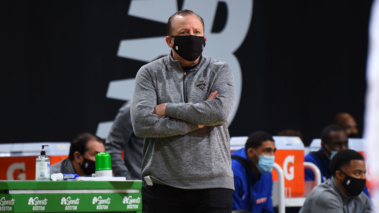 BOSTON, MA - JANUARY 17: Head Coach Tom Thibodeau of the New York Knicks looks on during the game against the Boston Celtics on January 17, 2021 at the TD Garden in Boston, Massachusetts. Mandatory Copyright Notice: Copyright 2021 NBAE