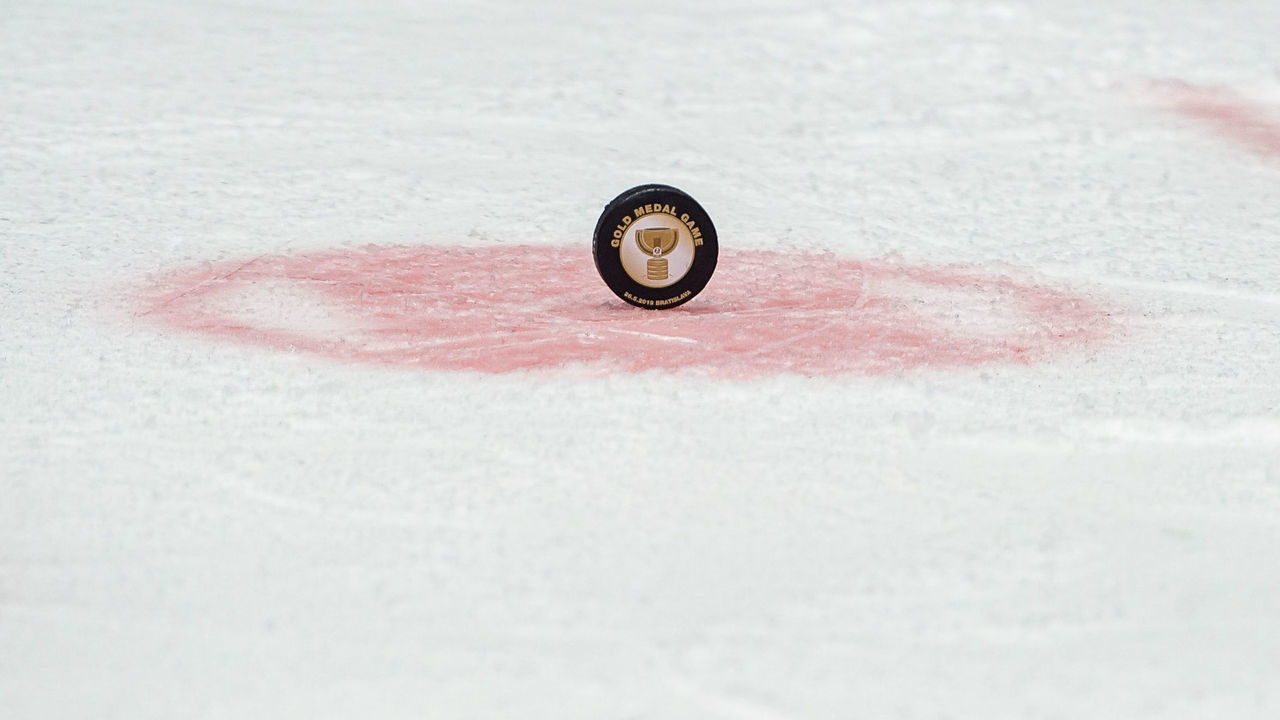 BRATISLAVA, SLOVAKIA - MAY 26: Feature of the official gold medal game puck during the 2019 IIHF Ice Hockey World Championship Slovakia final game between Canada and Finland at Ondrej Nepela Arena on May 26, 2019 in Bratislava, Slovakia.
