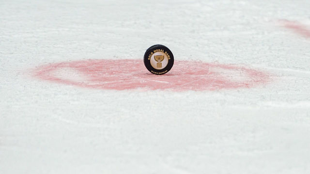 BRATISLAVA, SLOVAKIA - MAY 26: Feature of the official gold medal game puck during the 2019 IIHF Ice Hockey World Championship Slovakia final game between Canada and Finland at Ondrej Nepela Arena on May 26, 2019 in Bratislava, Slovakia.