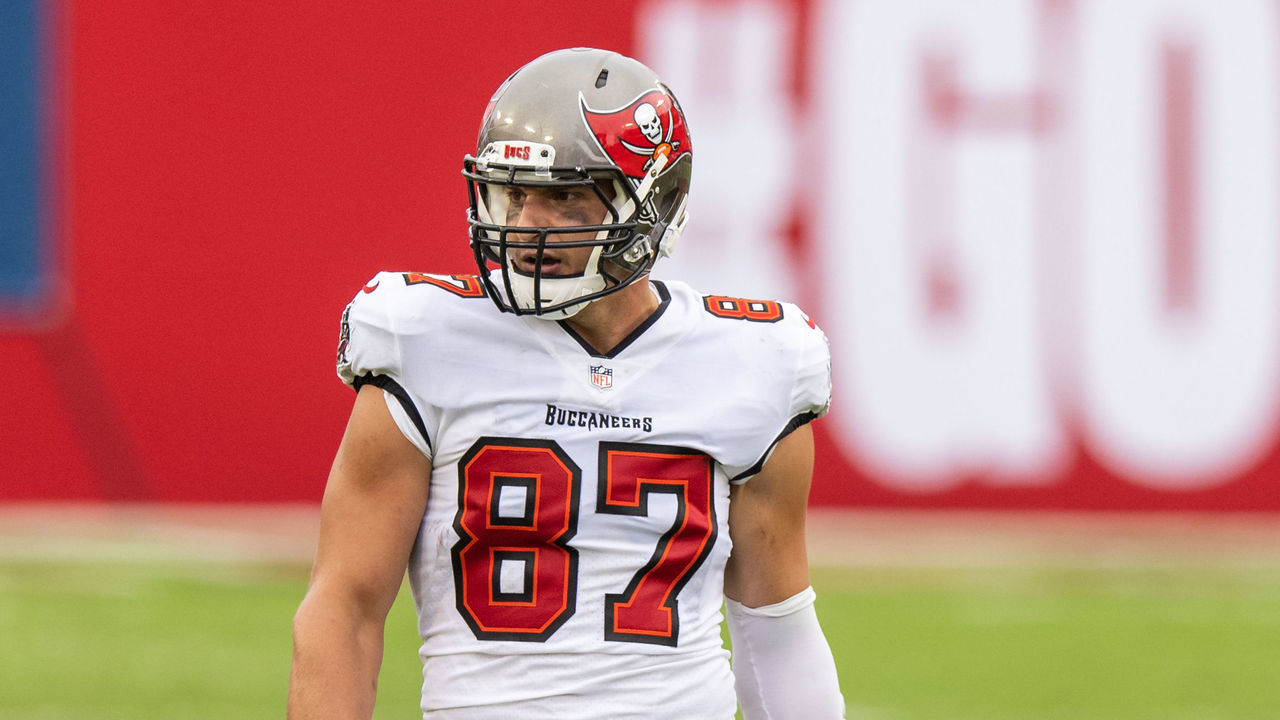 TAMPA, FLORIDA - OCTOBER 04: Rob Gronkowski #87 of the Tampa Bay Buccaneers looks on during the second quarter of a game against the Los Angeles Chargers at Raymond James Stadium on October 04, 2020 in Tampa, Florida.