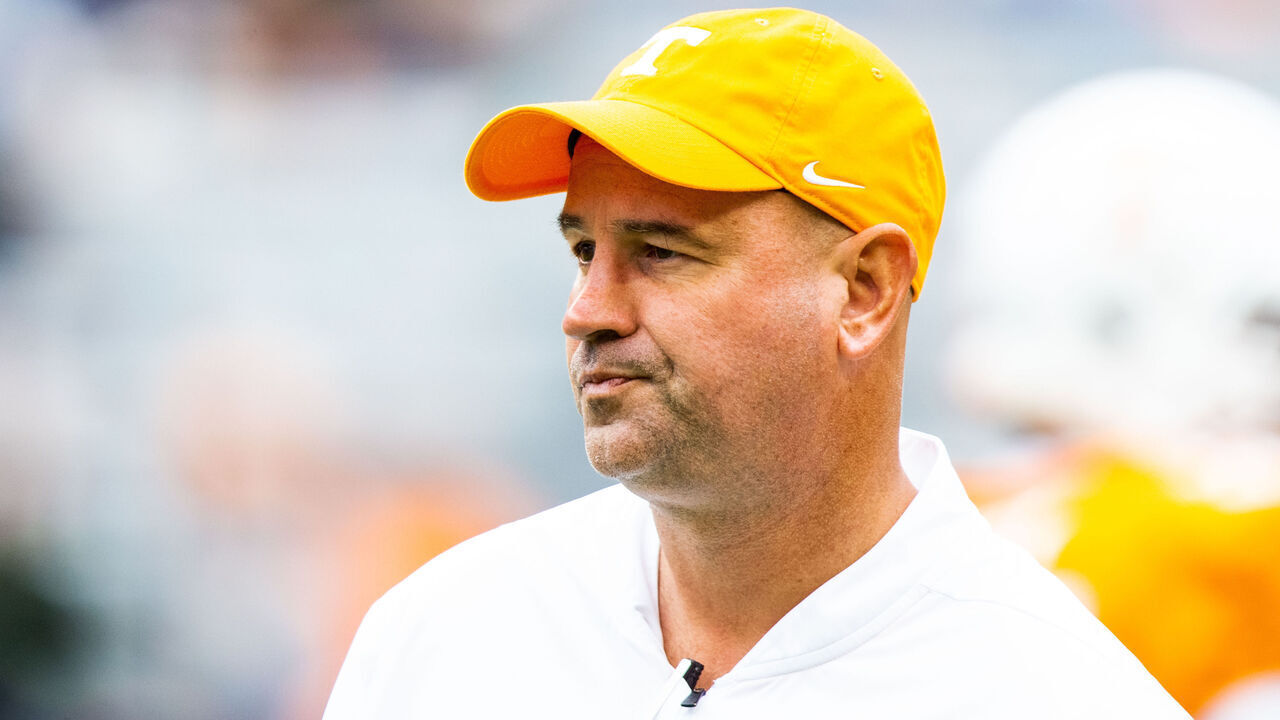KNOXVILLE, TN - OCTOBER 12: Head coach Jeremy Pruitt of the Tennessee Volunteers looks on prior to the game against the Mississippi State Bulldogs at Neyland Stadium on October 12, 2019 in Knoxville, Tennessee.