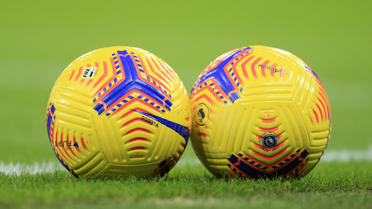MANCHESTER, ENGLAND - JANUARY 17: A general view of a pair of official yellow Nike Merlin flight matchballs during the Premier League match between Manchester City and Crystal Palace at the Etihad Stadium on January 17, 2021 in Manchester, United Kingdom. Sporting stadiums around England remain under strict restrictions due to the Coronavirus Pandemic as Government social distancing laws prohibit fans inside venues resulting in games being played behind closed doors.