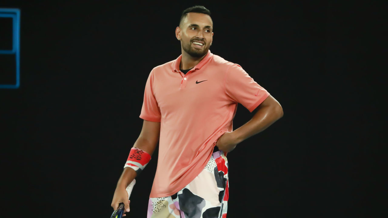 MELBOURNE, AUSTRALIA - JANUARY 27: Nick Kyrgios of Australia plays in his fourth round match against Rafael Nadal of Spain on day nine of the 2020 Australian Open at Melbourne Park on January 27, 2020 in Melbourne, Australia.