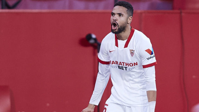 SEVILLE, SPAIN - DECEMBER 29: Yousseff En-Nesyri of Sevilla FC celebrates scoring his team's second goal during the La Liga Santander match between Sevilla FC and Villarreal CF at Estadio Ramon Sanchez Pizjuan on December 29, 2020 in Seville, Spain. Sporting stadiums around Spain remain under strict restrictions due to the Coronavirus Pandemic as Government social distancing laws prohibit fans inside venues resulting in games being played behind closed doors.