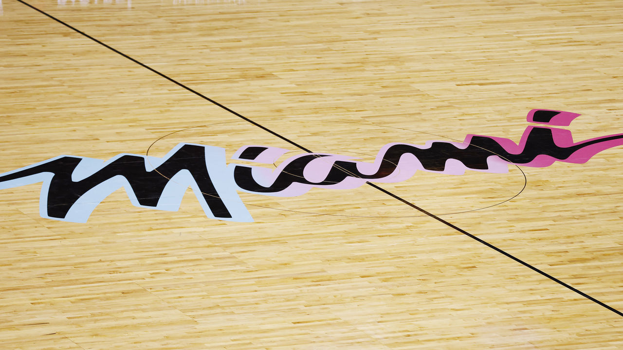 MIAMI, FLORIDA - JANUARY 04: A detail of the Miami Heat "Vice Versa" logo on the court during the game against the Oklahoma City Thunder at American Airlines Arena on January 04, 2021 in Miami, Florida.