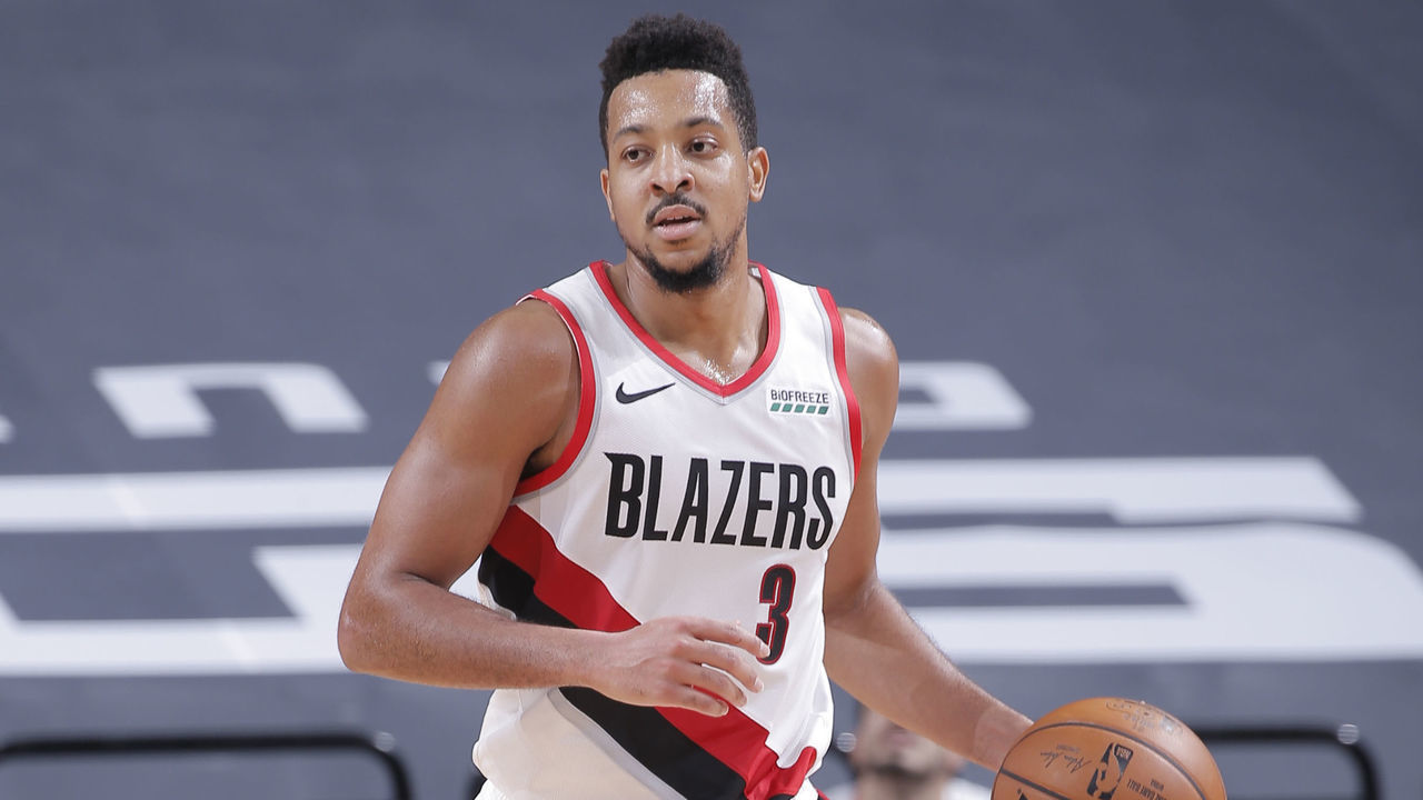 SACRAMENTO, CA - JANUARY 13: CJ McCollum #3 of the Portland Trail Blazers handles the ball during the game against the Sacramento Kings on January 13, 2021 at Golden 1 Center in Sacramento, California. Mandatory Copyright Notice: Copyright 2021 NBAE