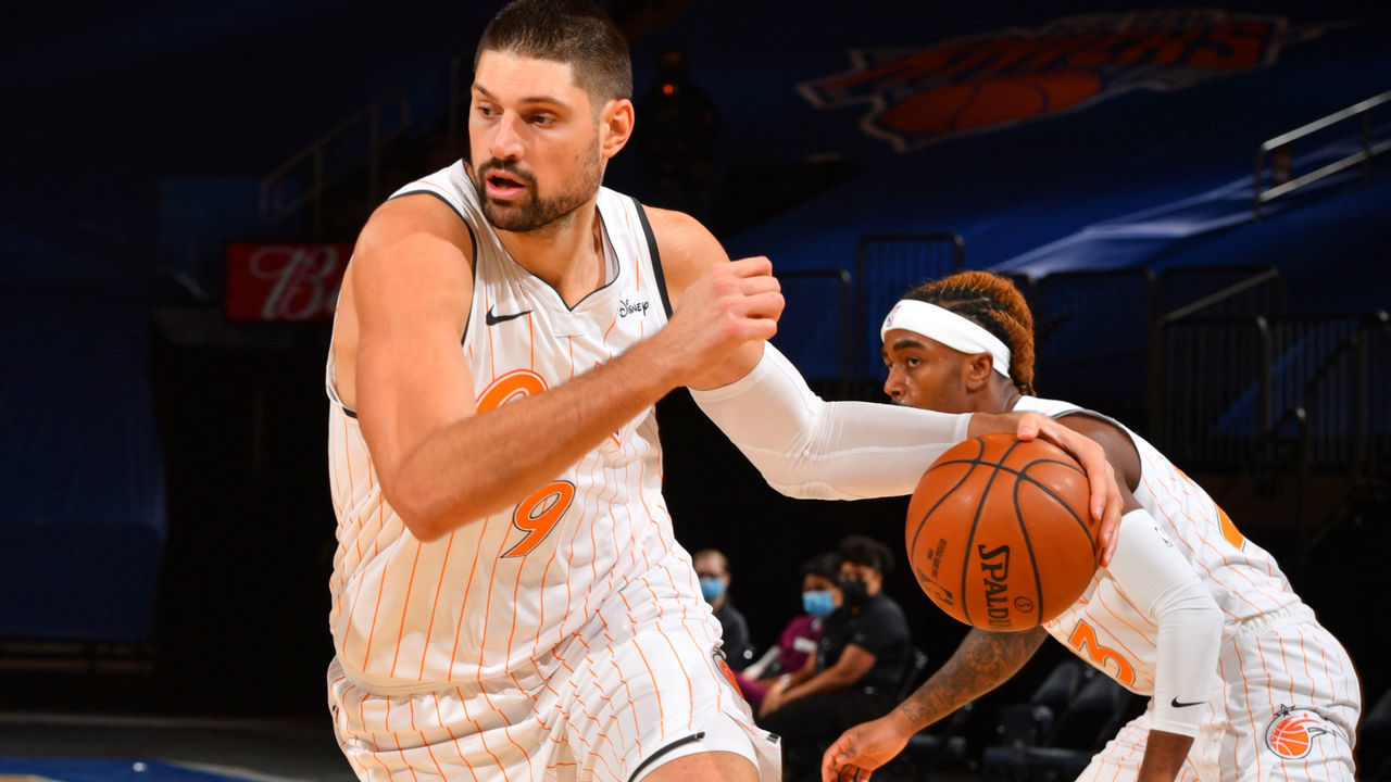 PHILADELPHIA, PA - JANUARY 18: Nikola Vucevic #9 of the Orlando Magic drives to the basket against the New York Knicks on January 18, 2021 at Madison Square Garden in New York City, New York. NOTE TO USER: User expressly acknowledges and agrees that, by downloading and/or using this Photograph, user is consenting to the terms and conditions of the Getty Images License Agreement. Mandatory Copyright Notice: Copyright 2021 NBAE