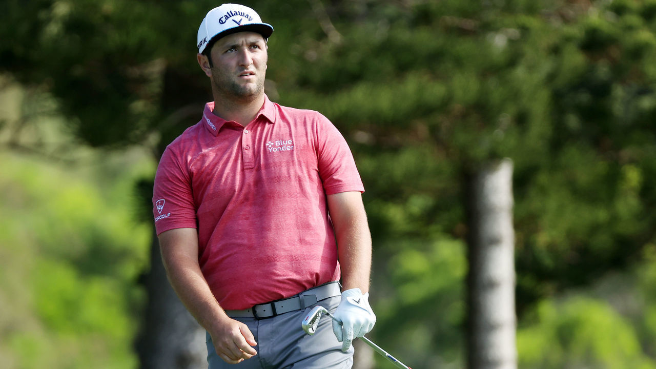 KAPALUA, HAWAII - JANUARY 10: Jon Rahm of Spain reacts to his shot from the second tee during the final round of the Sentry Tournament Of Champions at the Kapalua Plantation Course on January 10, 2021 in Kapalua, Hawaii.